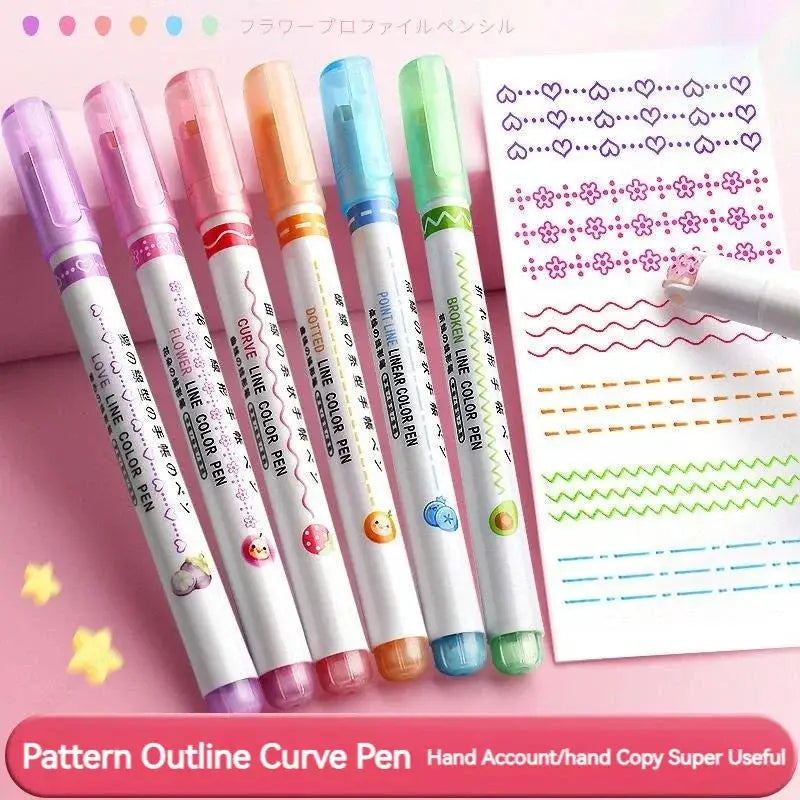 6Pcs Set Flower Line Shape Roller Tip Highlighter Pens Curve Liner Marker Kawaii Korean Stationery School Office Gifts