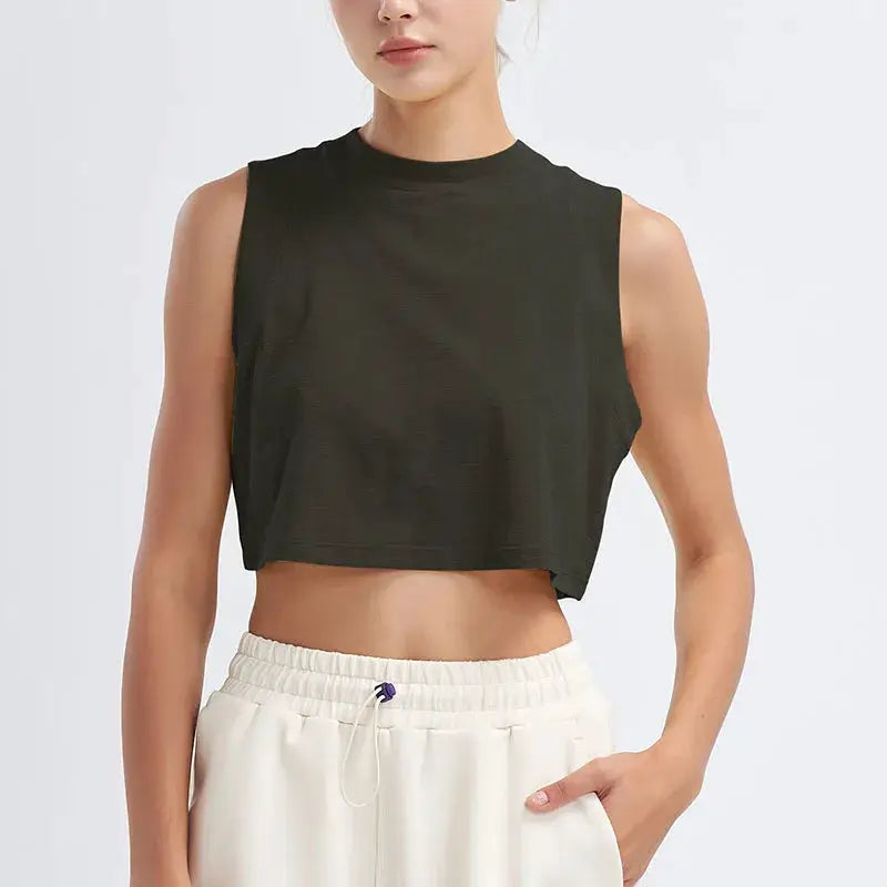 Sports vest top, black cropped sleeveless, breathable quick-dry for women