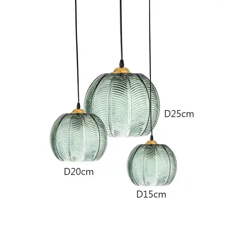 Simples Market Nordic green leaf-pattern glass pendant lights set of three with sizes D25cm, D20cm, D15cm.