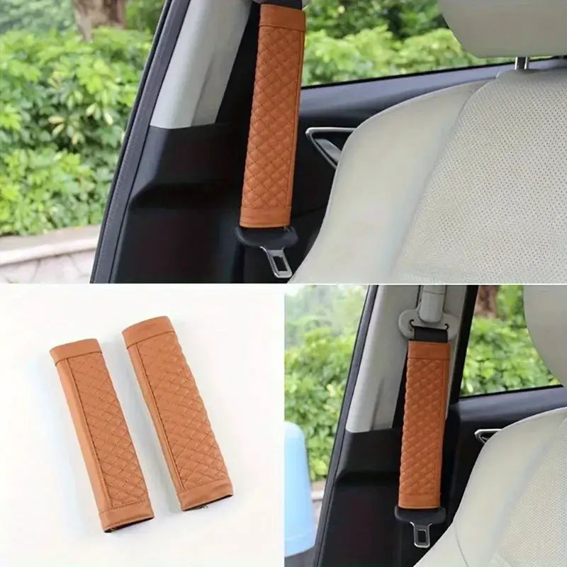 Car seat belt shoulder covers, quilted tan leather, wear‑resistant, non‑slip (2 pcs)