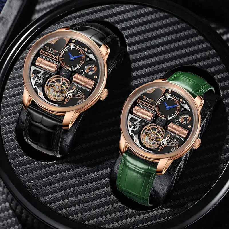 Simples Market PINDU Design Machinery Watch set, two rose-gold case skeleton watches with black and green leather straps