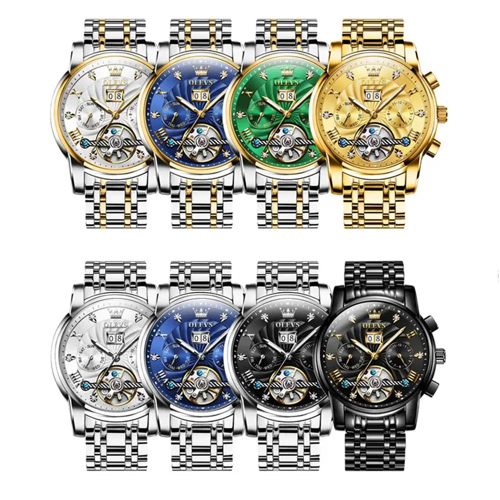 OLEVS 9910 Mens Watch Waterproof Luminous Automatic Mechanical Dual Calendar Date Stainless Steel Band
