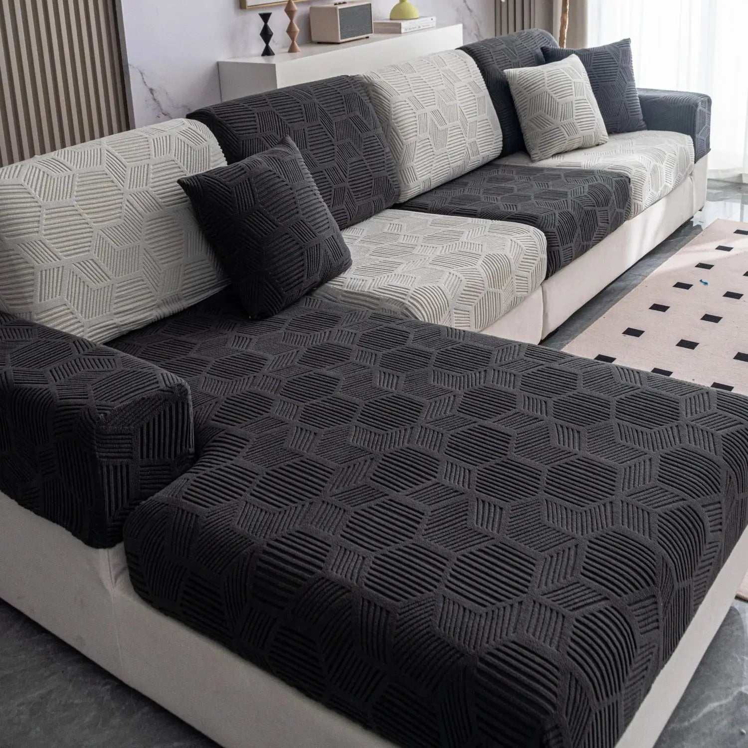Peism Jacquard stretch sofa cover set in dark gray and light gray geometric pattern with matching cushions and ottoman