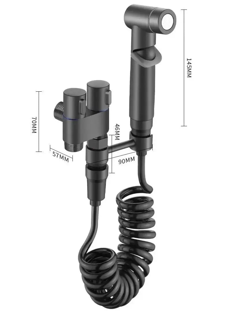 Simples Market toilet bidet sprayer set in black with dual-outlet angle valve and coiled hose