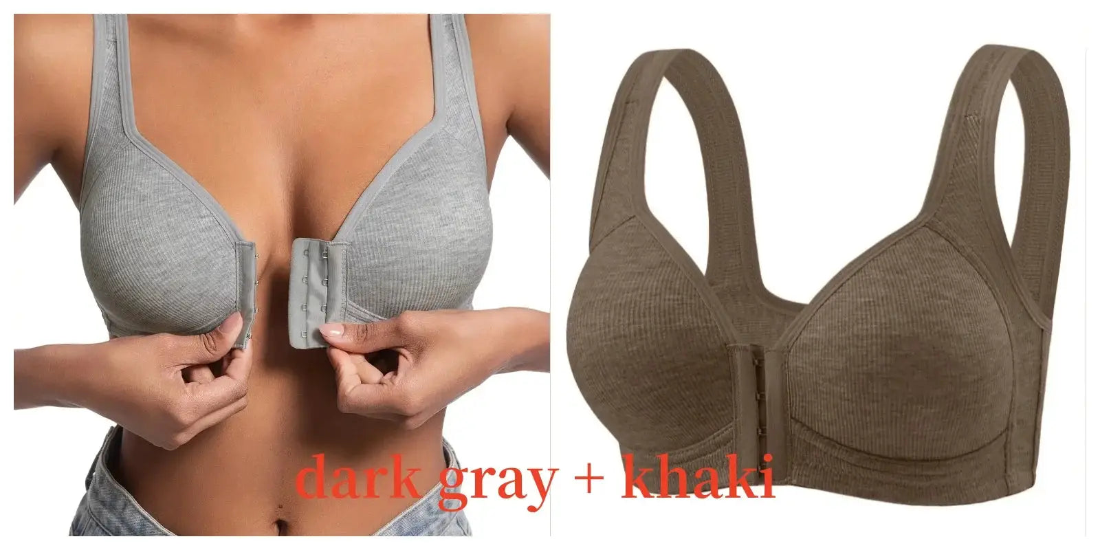 Simples Market women's wire-free front-closure bra in dark gray and khaki, full-coverage (2 color options)