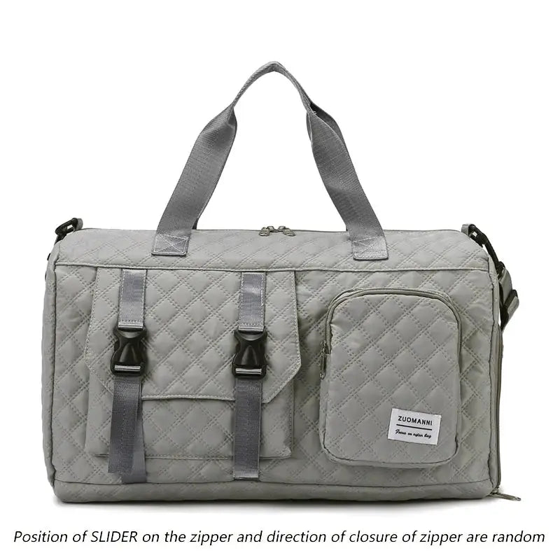 Durable nylon travel duffle bag by Simples Market, gray quilted gym bag with front pocket and top handles