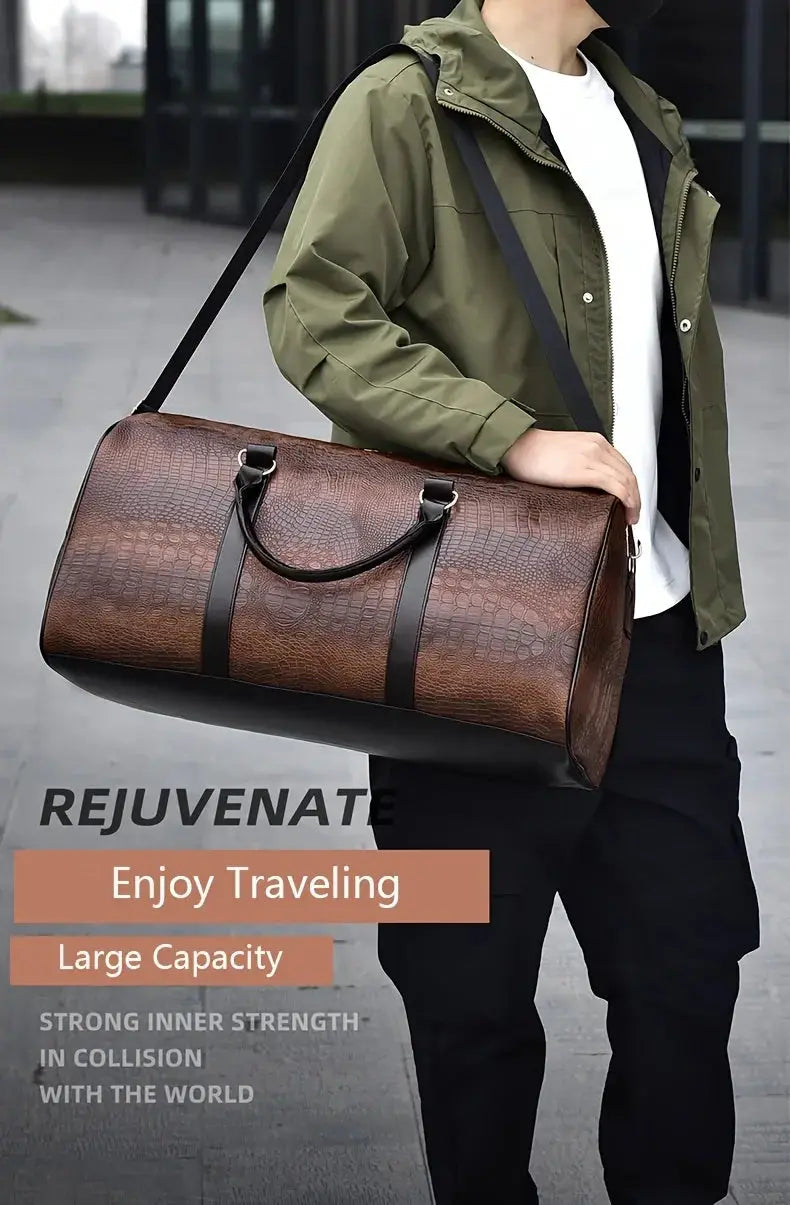 Duffel bag by Simples Market, large-capacity brown crocodile-textured travel luggage with black straps