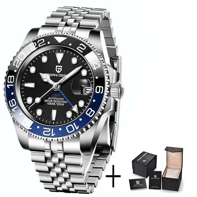 PAGANI DESIGN V3 GMT, stainless steel bracelet, black dial, blue/black bezel, 40mm, automatic, 100m water resistant