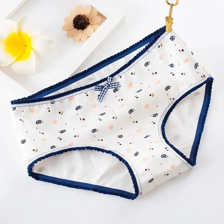 Women’s cotton seamless panties, white with navy trim and cartoon print, 1 pair