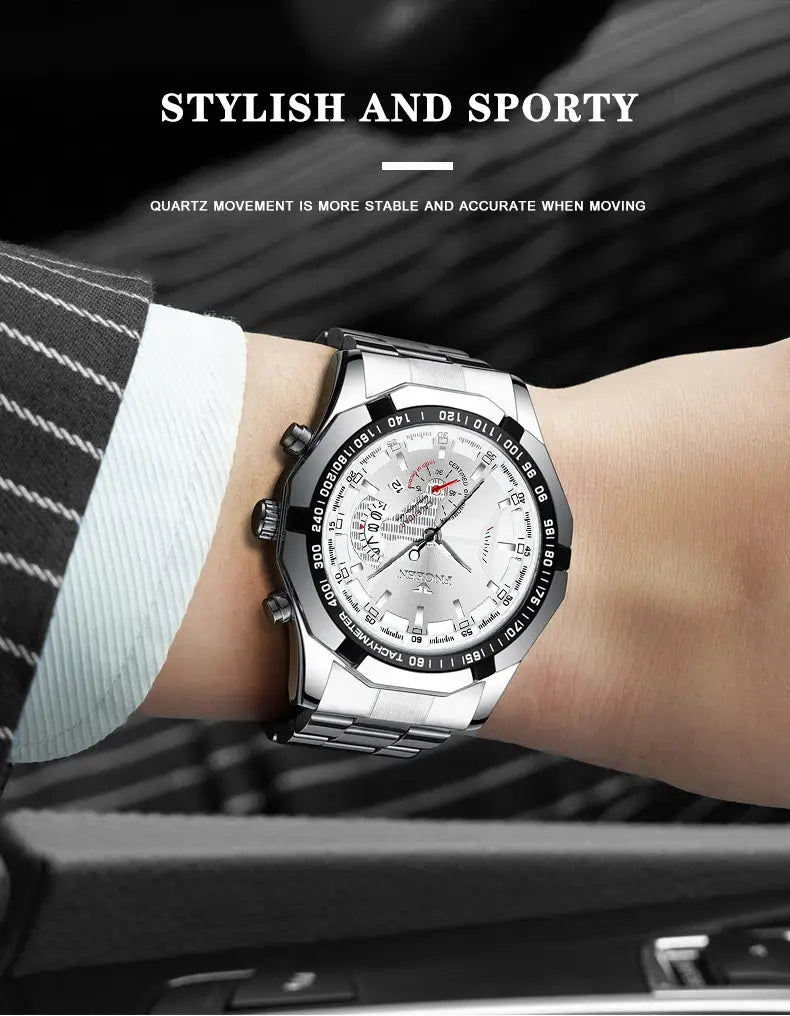 BINBOND men's stainless steel quartz wristwatch with luminous dial and date, waterproof