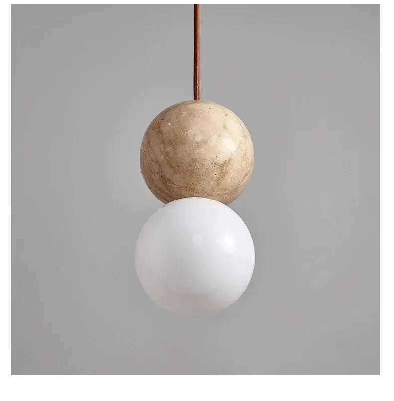 Led pendant light, 2-sphere design: cream stone top ball and white glass bottom ball, brown hanging cord