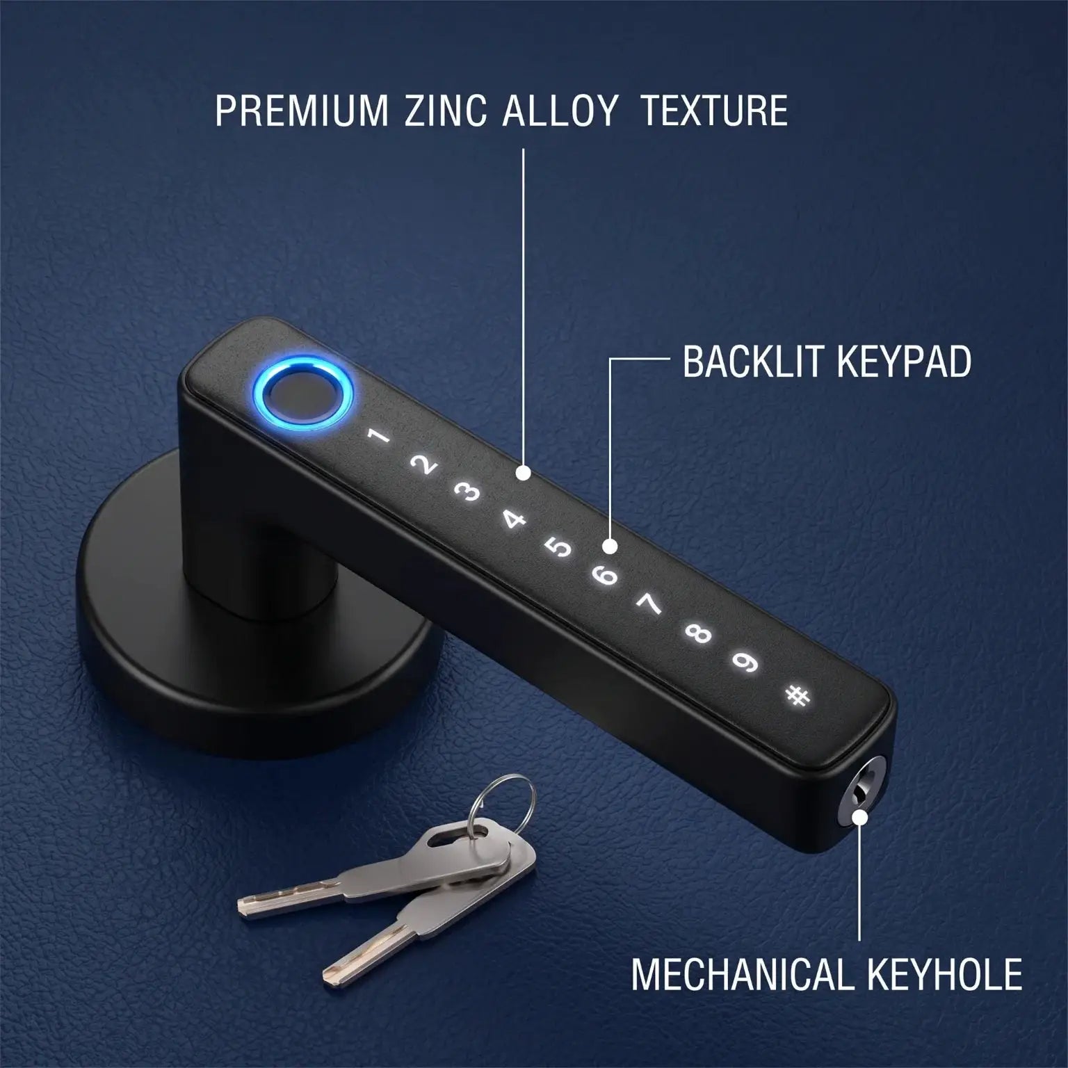 Tuya Bluetooth smart door lock with fingerprint, backlit keypad, zinc alloy finish, mechanical keyhole, Simples Market.