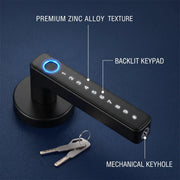 Tuya Bluetooth smart door lock with fingerprint, backlit keypad, zinc alloy finish, mechanical keyhole, Simples Market.