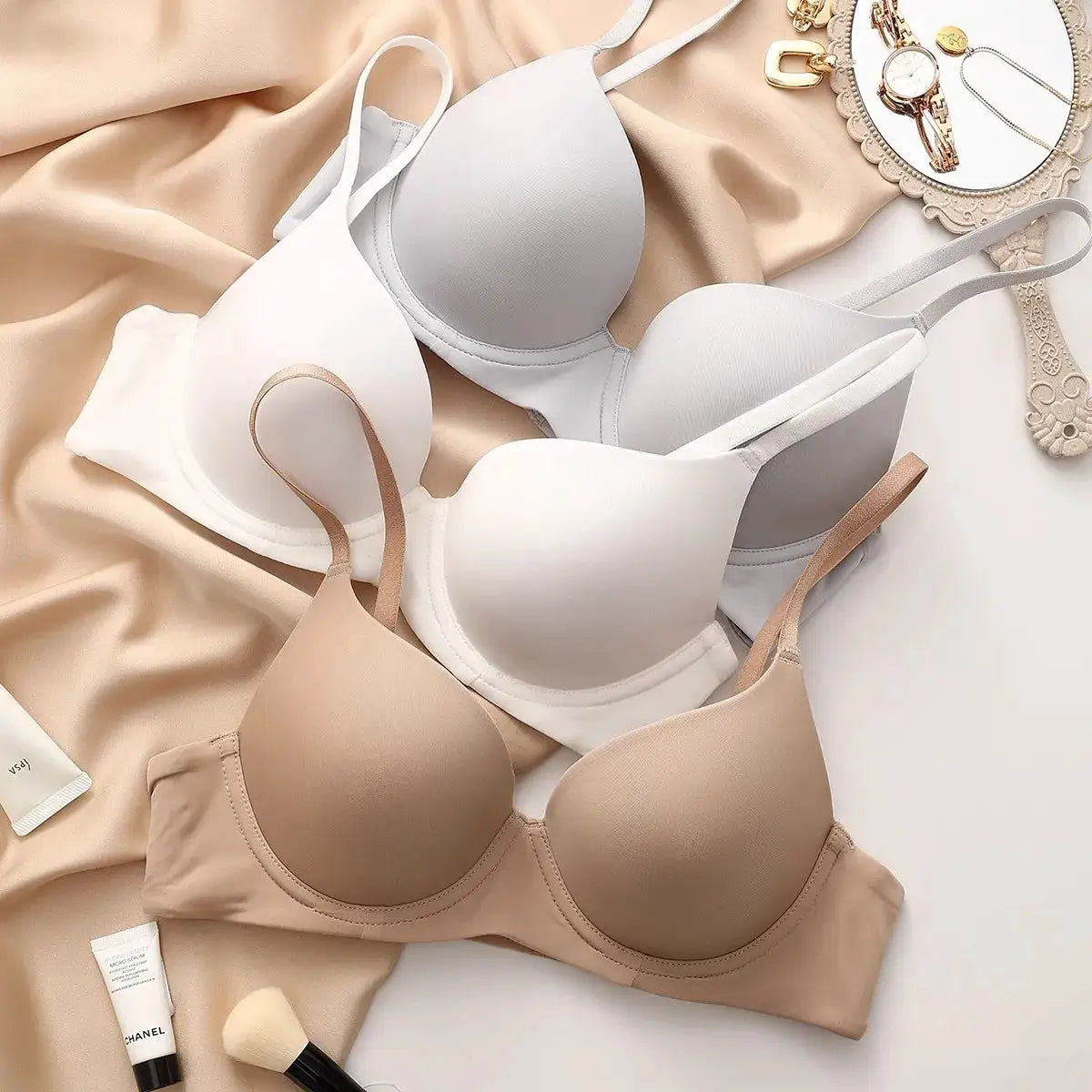 Plus-size seamless push-up bras set in white, gray, and nude; cotton cups, three-pack