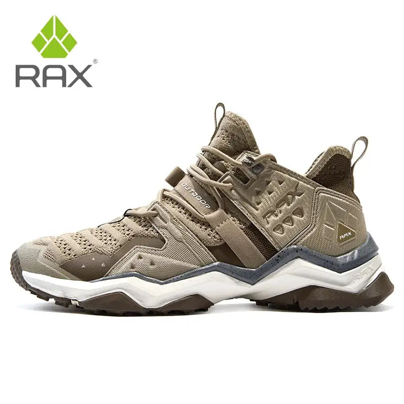 RAX men's waterproof hiking shoes, tan breathable trekking sneakers with rugged outsole