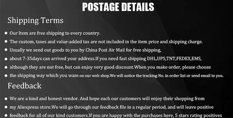 Postage details page showing shipping terms bullets and feedback section on a dark background.