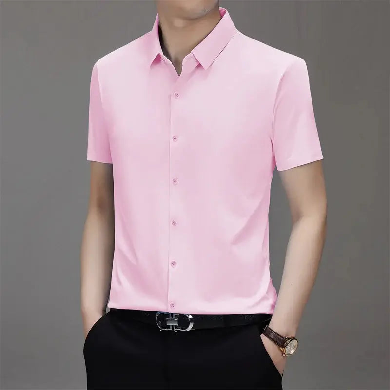 Men's pink short-sleeve button-down shirt, solid color for business casual wear