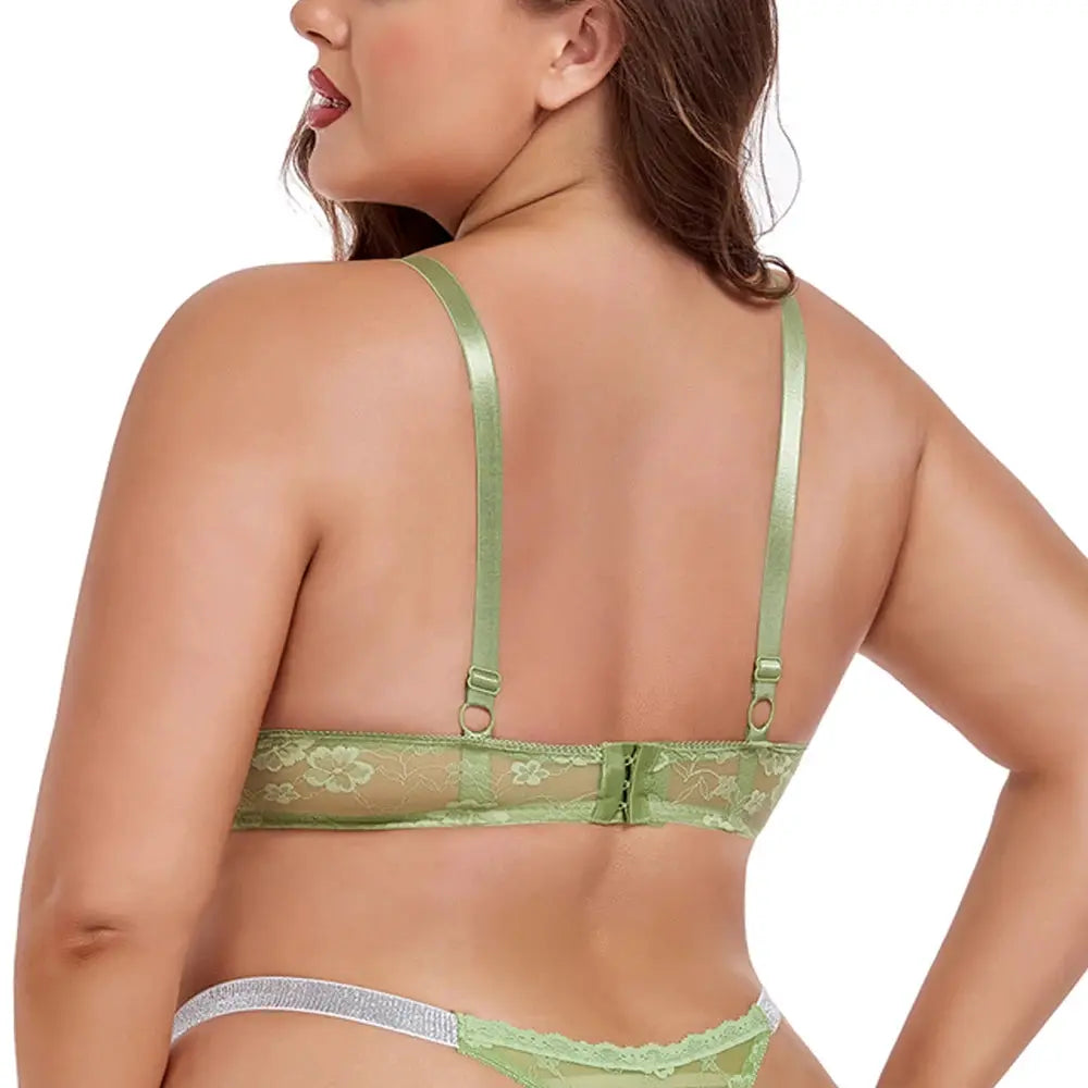 Plus-size green lace underwire bra with floral back band and adjustable straps.