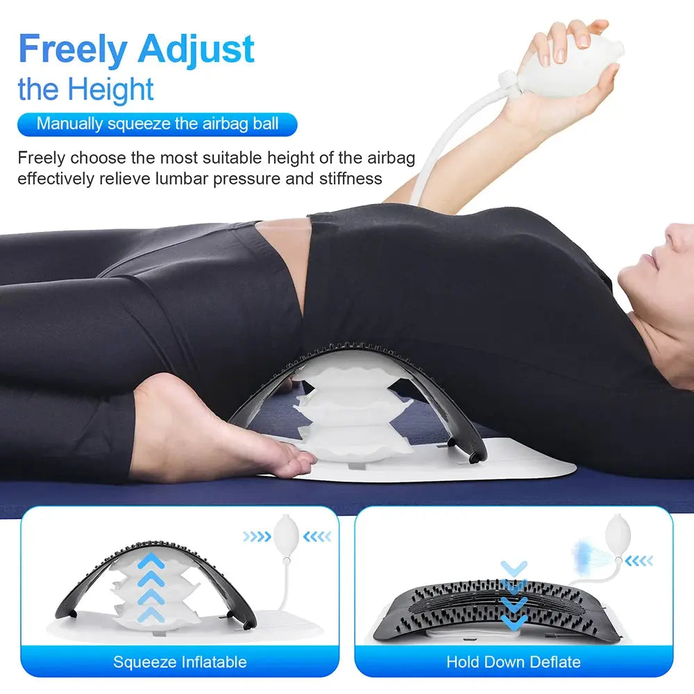 Back massager with inflatable airbag lumbar and neck support; adjustable height for posture relief