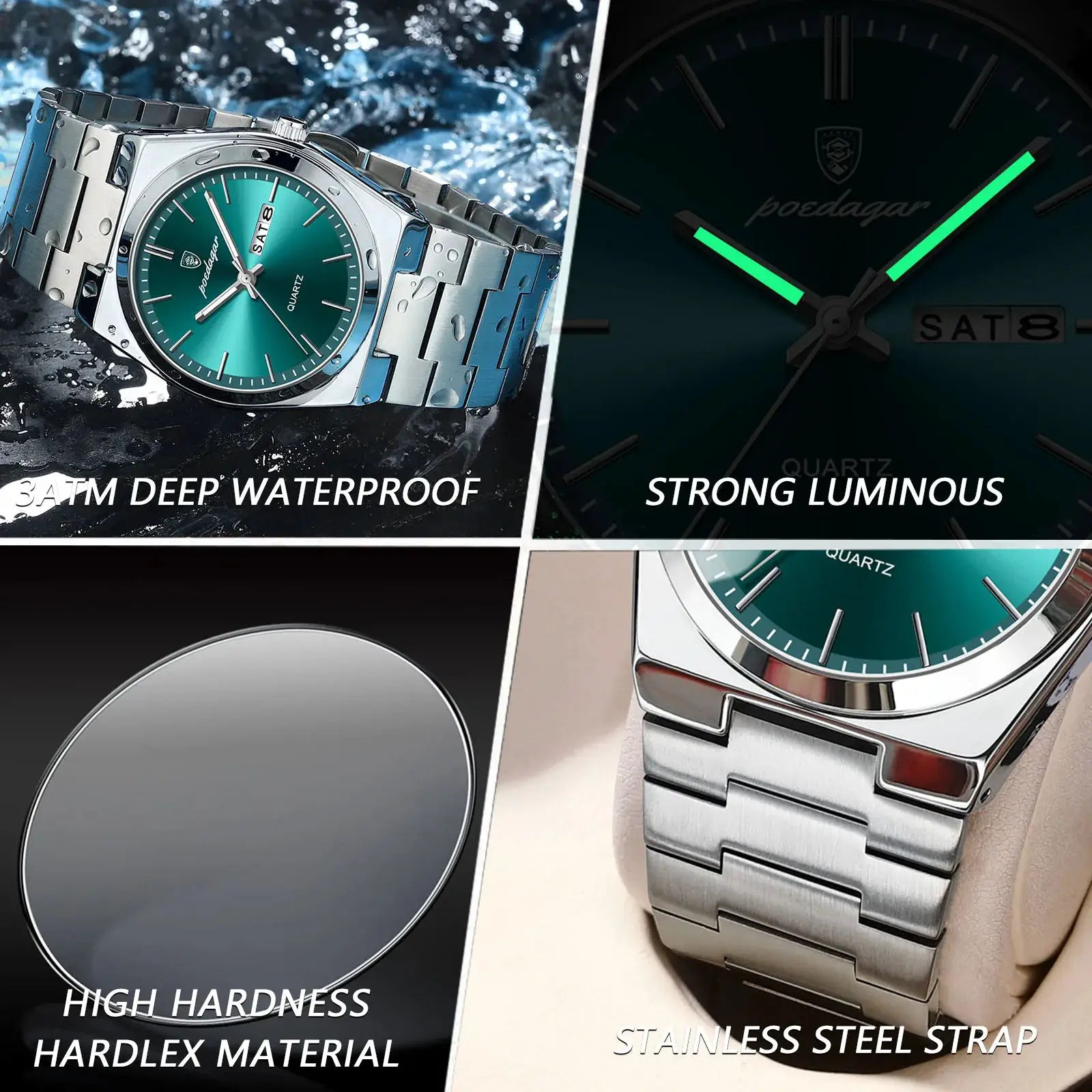 POEDAGAR men's stainless steel luxury watch with teal dial, luminous hands, date window, waterproof.