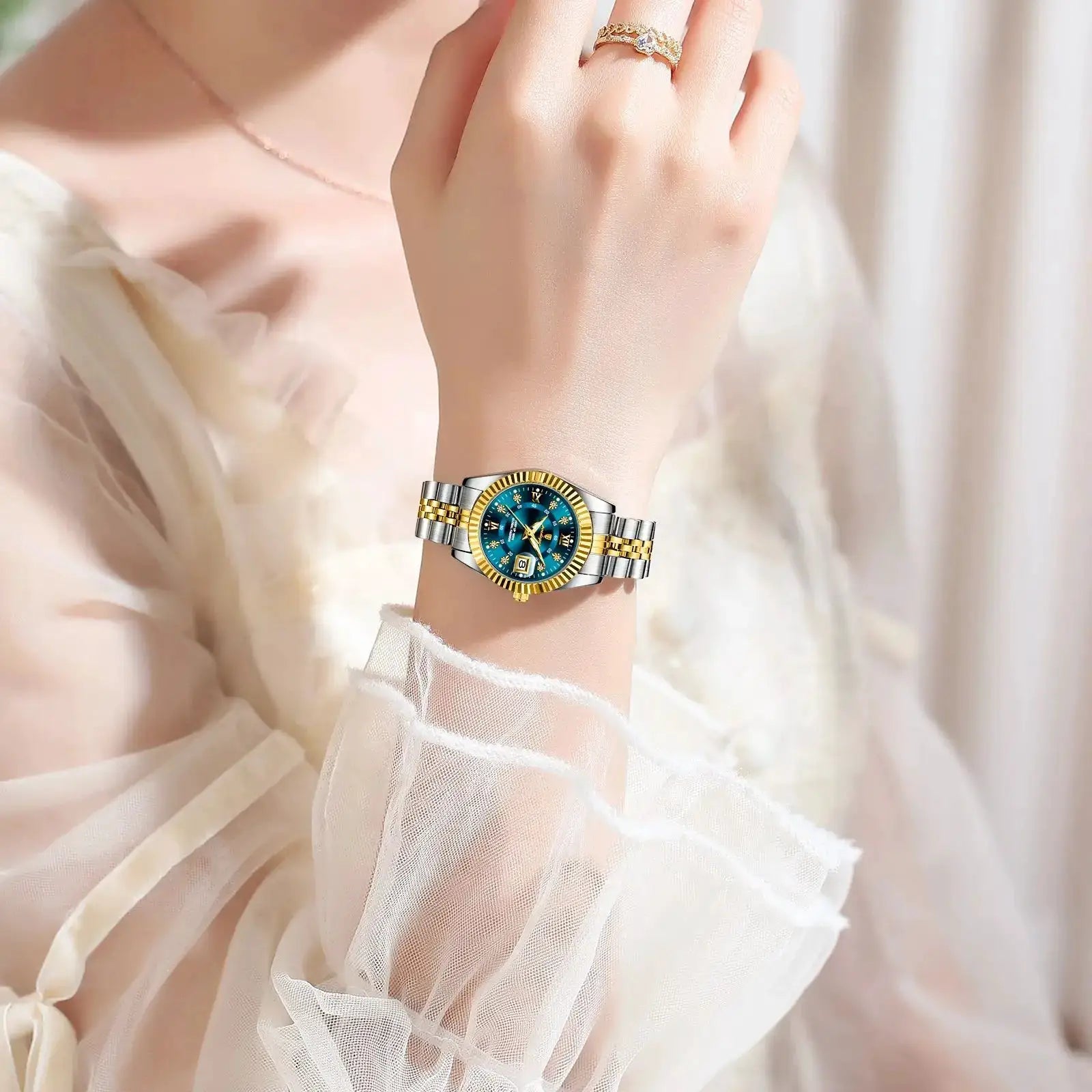 POEDAGAR luxury women's watch by Simples Market, waterproof two-tone stainless steel with blue dial and date.