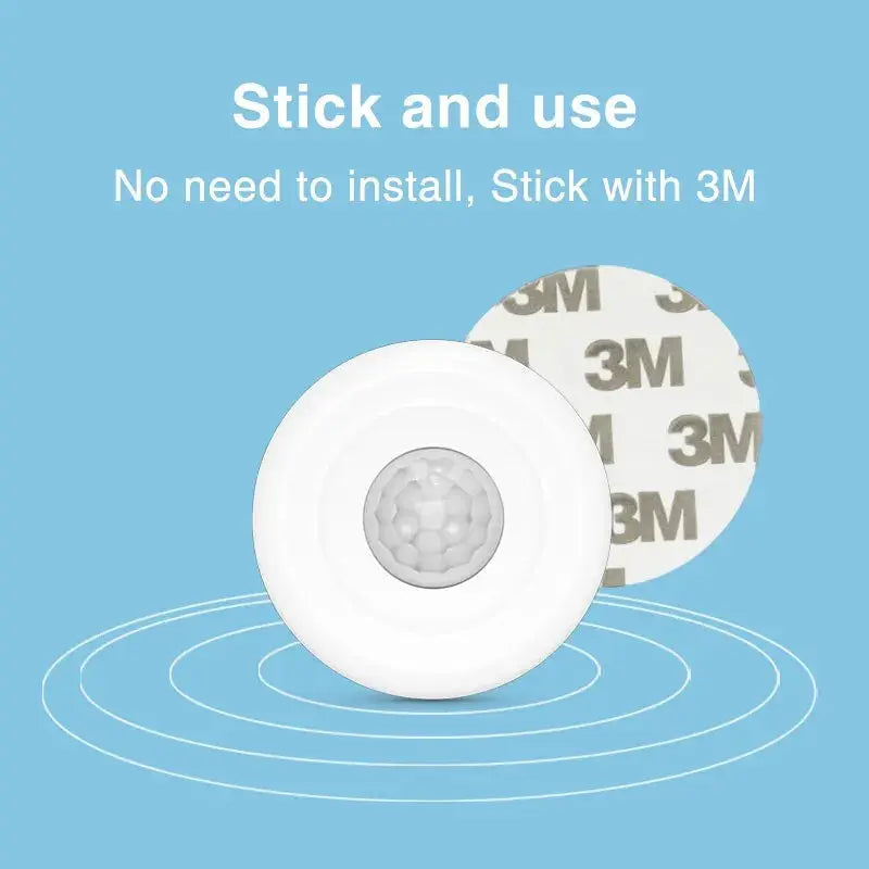 Simples Market Tuya WiFi Smart PIR motion sensor, white circular unit with 3M adhesive tape