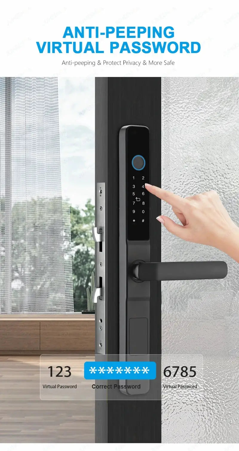 Waterproof sliding door smart lock with touchscreen keypad and fingerprint sensor on a black aluminum panel