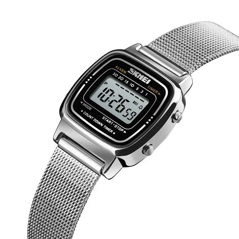Skmei Women Digital Chronograph Wristwatch Stainless Steel Strap 30M Water Resistant Fashion Timepiece