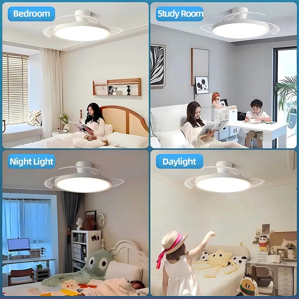 IRALAN Modern Invisible Ceiling Fan with LED Light by Simples Market, white finish, remote-controlled DC motor.