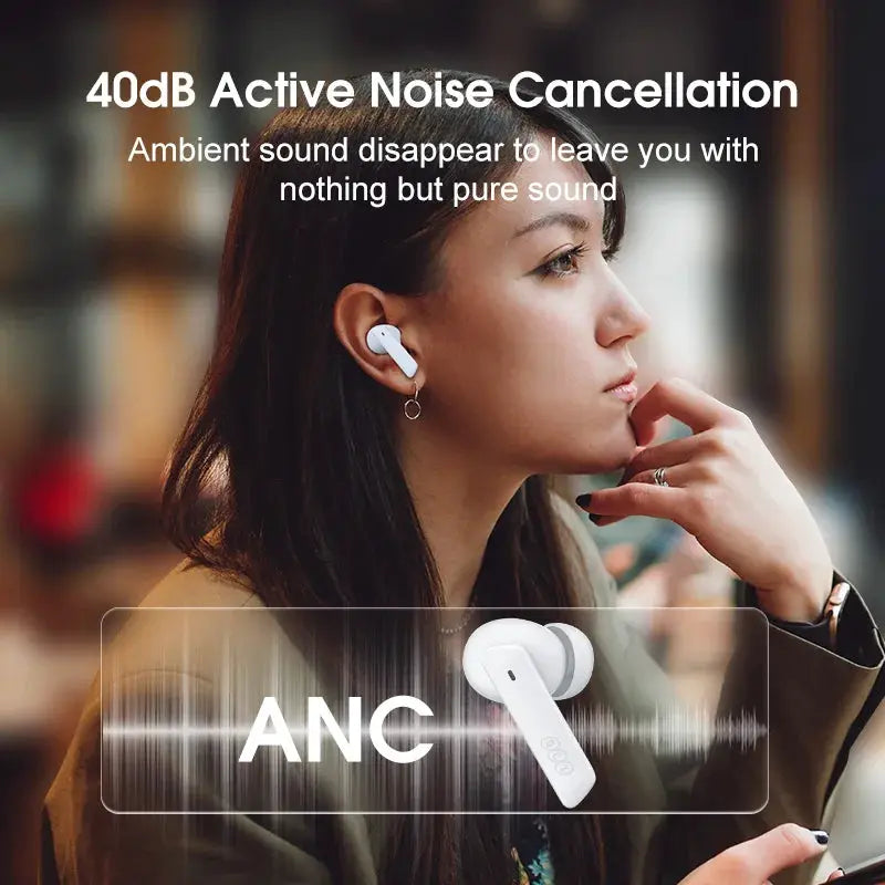 QCY HT05 ANC wireless earbuds, white in-ear headphones with Bluetooth 5.2 and 40dB noise cancellation