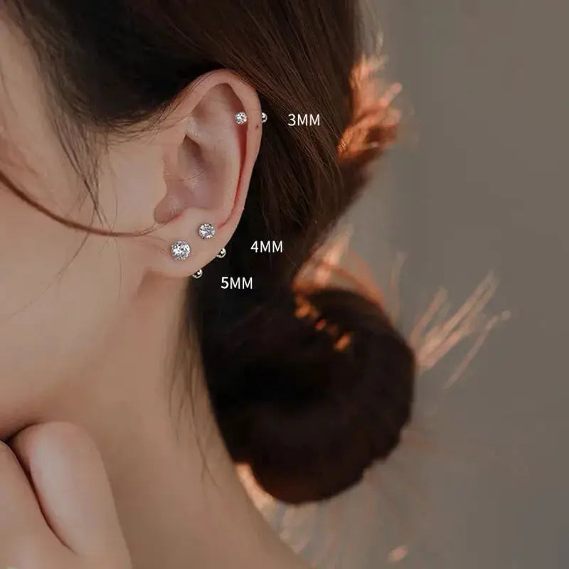 3 pairs classic round zirconia stud earrings in stainless steel for cartilage, tragus and lobe piercings