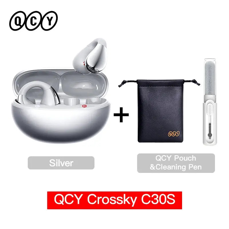 QCY Crossky C30S open-ear wireless earphones in silver charging case with ear clips; includes pouch and cleaning pen