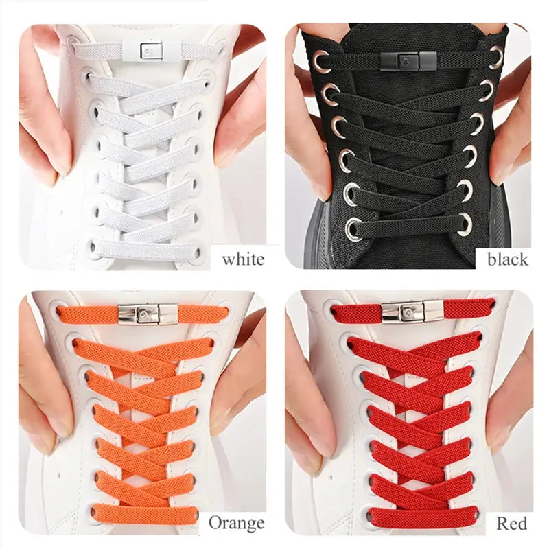 No-tie elastic shoelaces set of four colors by Simples Market in white, black, orange, red with press-lock clips