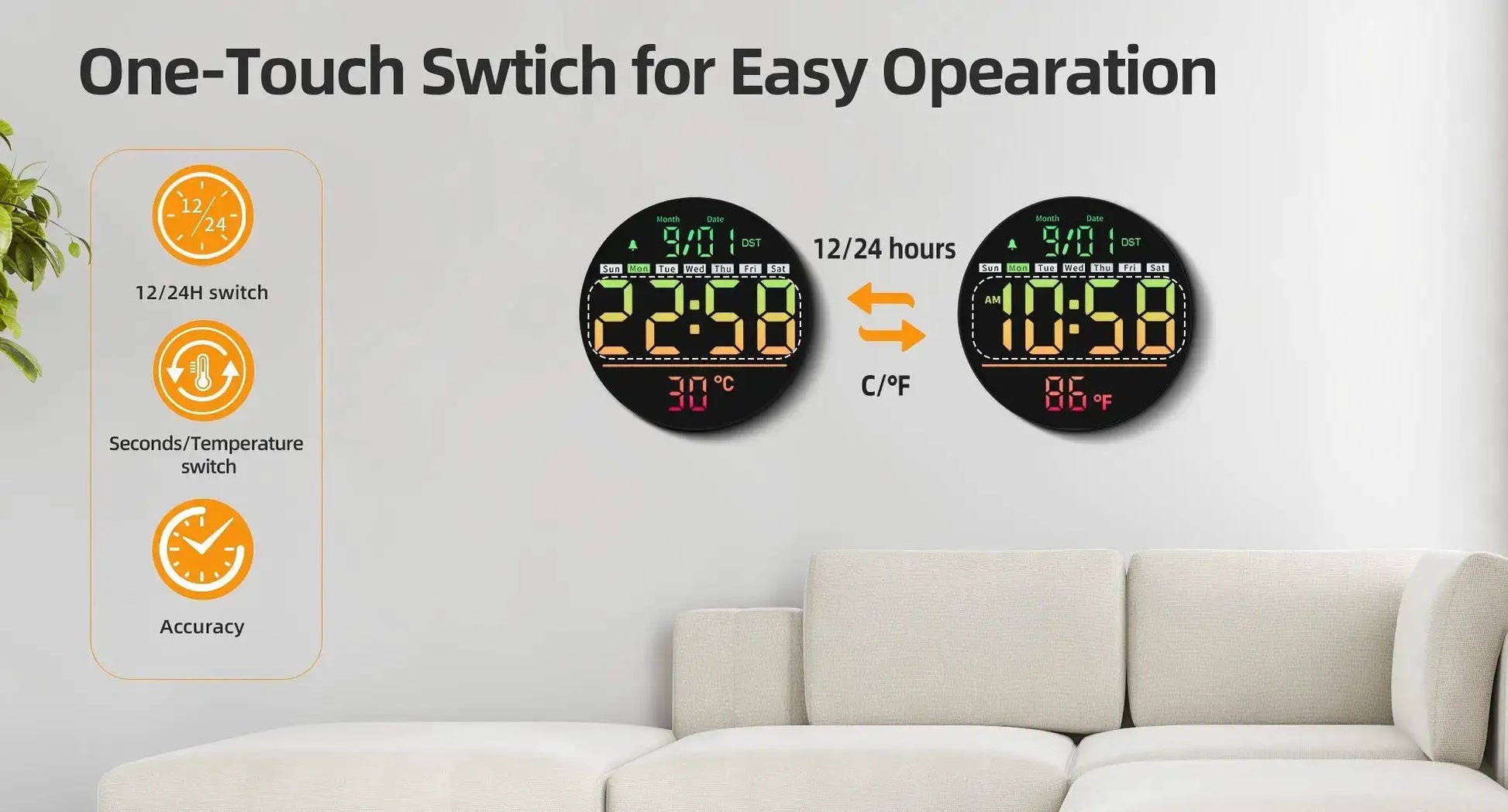Simples Market 8-inch RGB LED wall clock with timer, temperature, date, night light, alarm and 5-level brightness