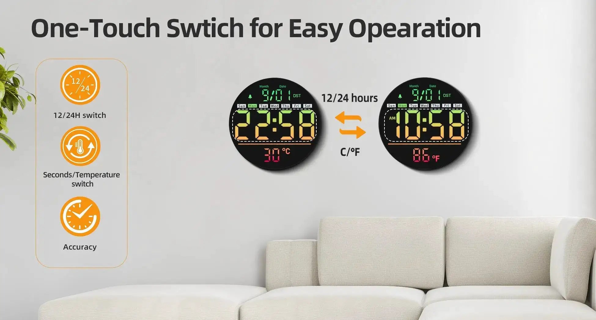 Simples Market 8-inch RGB LED wall clock with timer, temperature, date, night light, alarm and 5-level brightness
