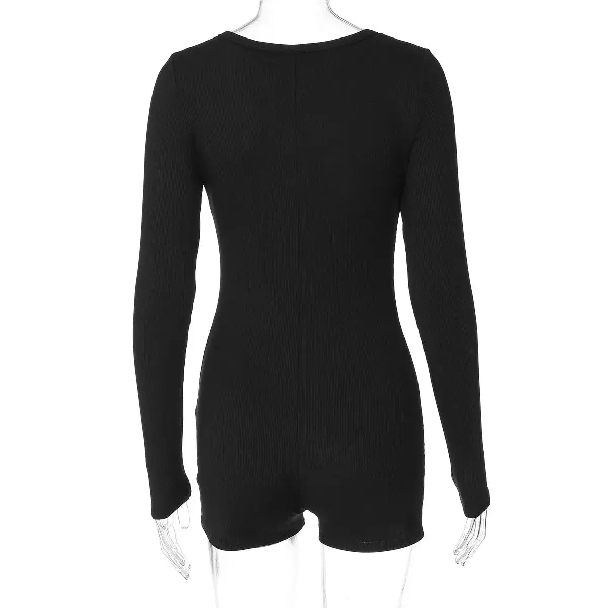Hugcitar black ribbed long-sleeve playsuit with square collar and fitted bodycon silhouette