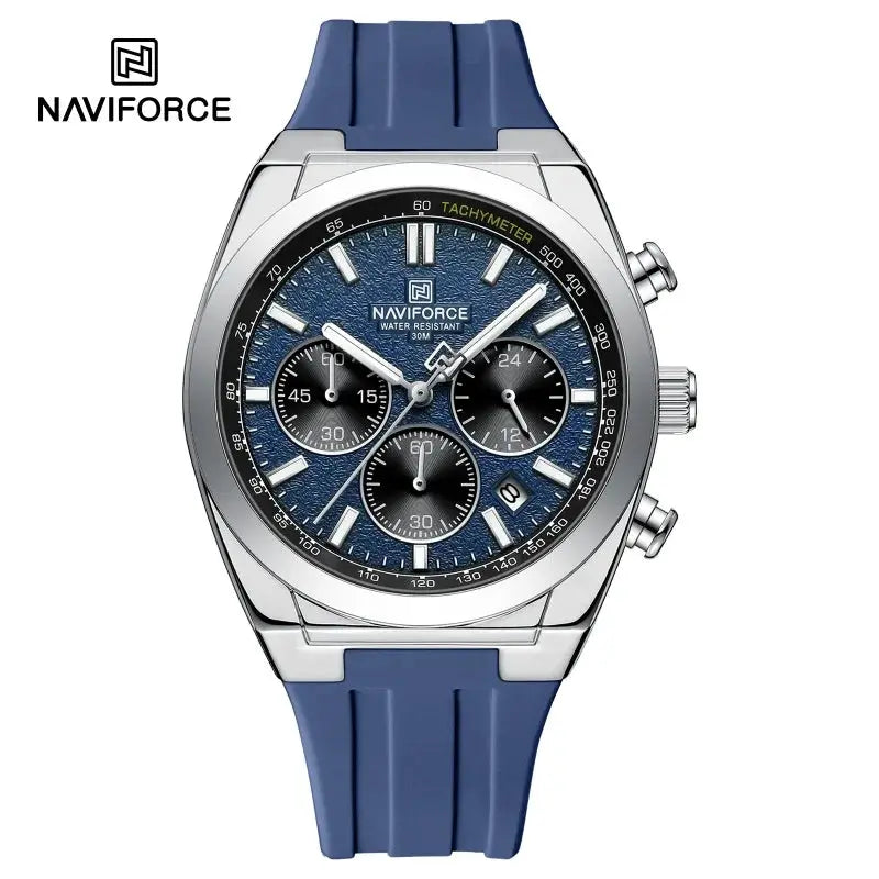 NAVIFORCE men's chronograph watch with blue silicone strap, silver case, luminous hands, 30m water resistant