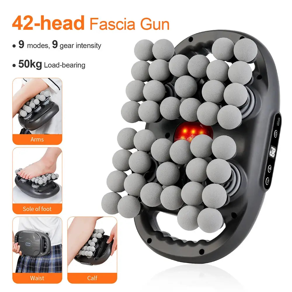 42-head fascia gun massage device by Simples Market, black with gray foam heads for full-body back/neck/waist massage