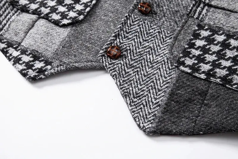 Men's patchwork tweed vest with plaid and herringbone panels, brown buttons