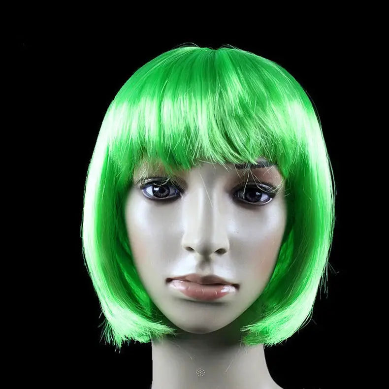 Neon green short bob wig with bangs for women; synthetic cosplay wig by Simples Market