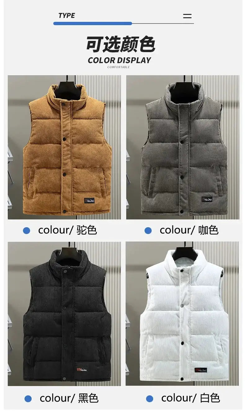 Simples Market padded vest for men; corduroy quilted sleeveless jacket in 4 colors (camel, gray, black, white)