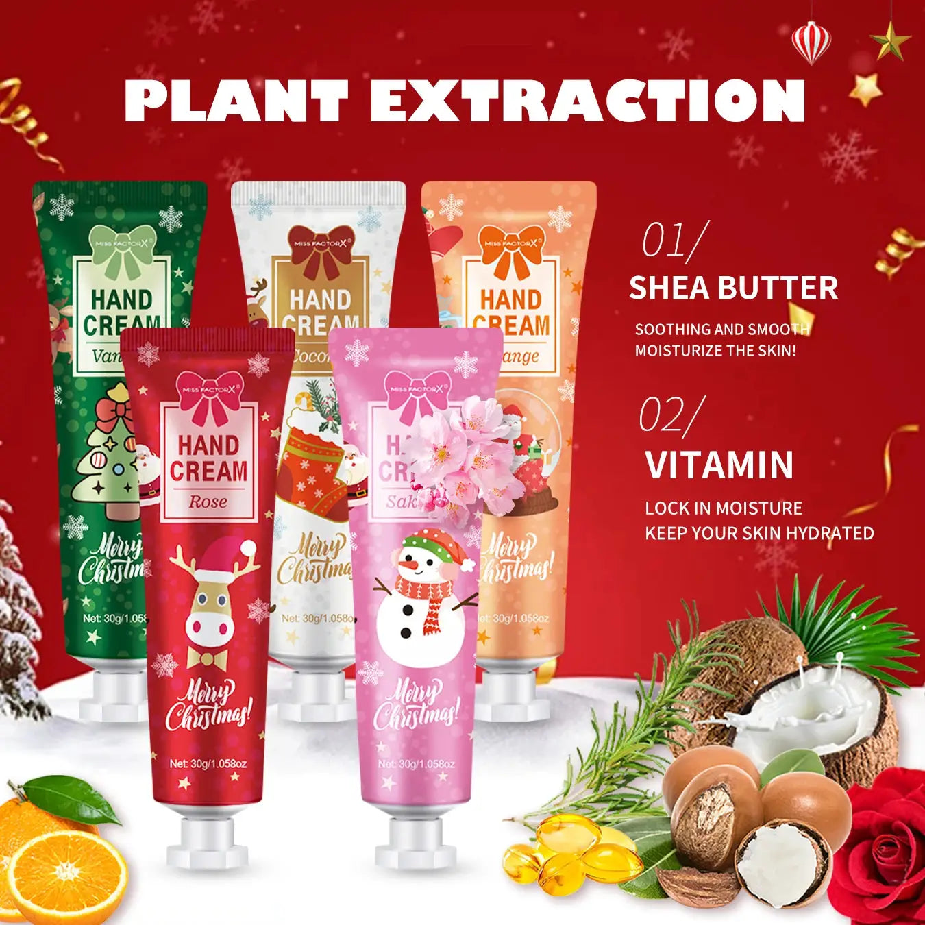 5-piece hand cream gift set in festive Christmas tubes, 30g each, assorted scents