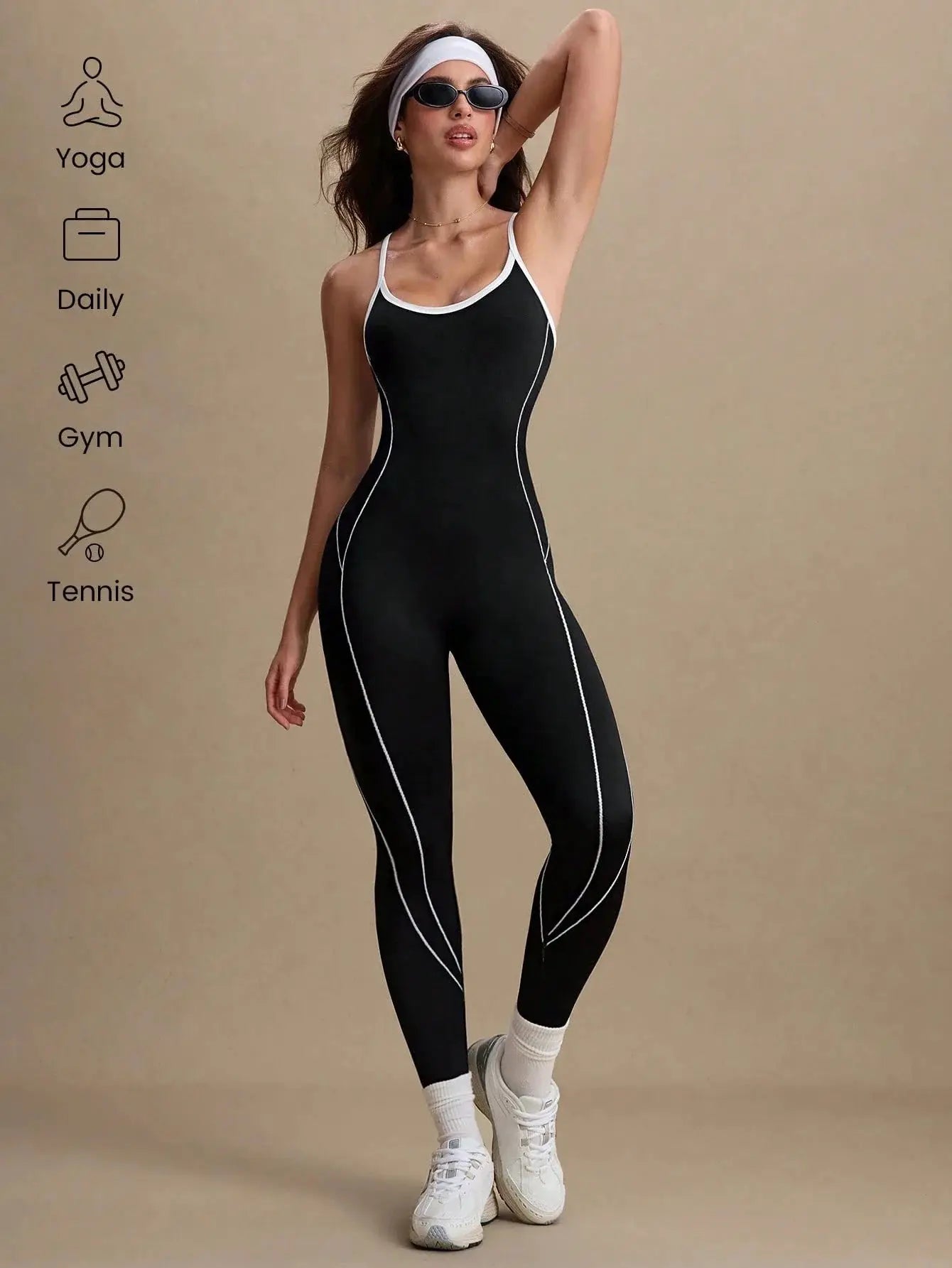 Women seamless yoga jumpsuit in black with white piping, tummy control, butt-lifting athletic wear