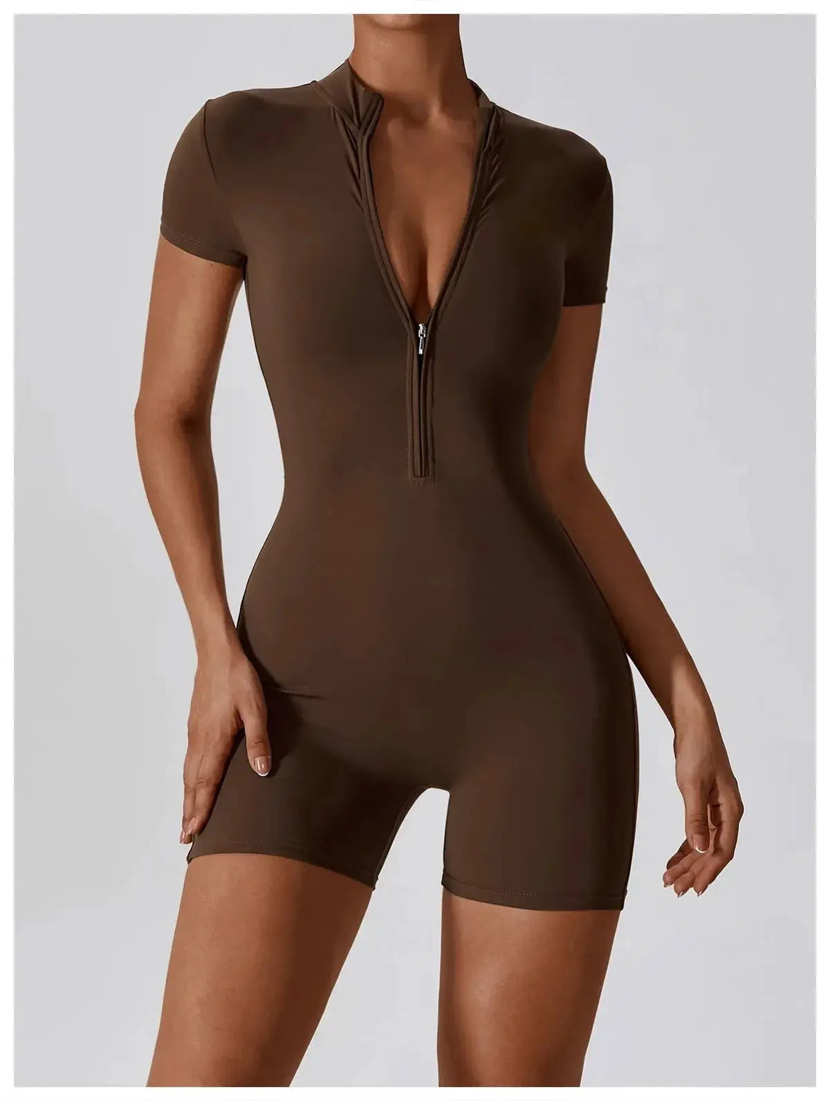Women's zipper short-sleeve yoga jumpsuit in brown with quick-dry breathable fabric for gym and running.