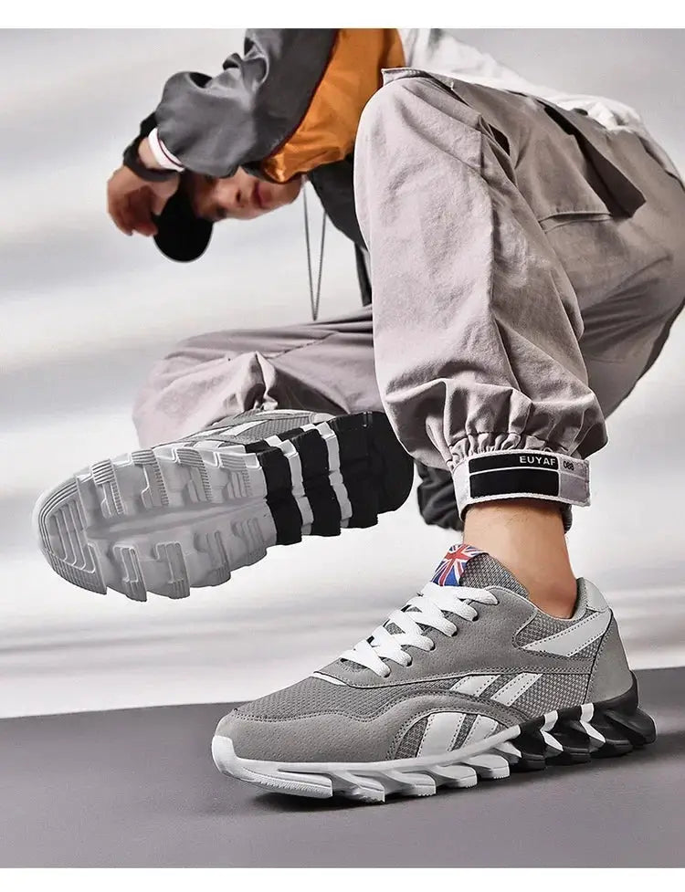Simples Market men's fitness sneakers with gray breathable mesh, white overlays and thick cushioned sole