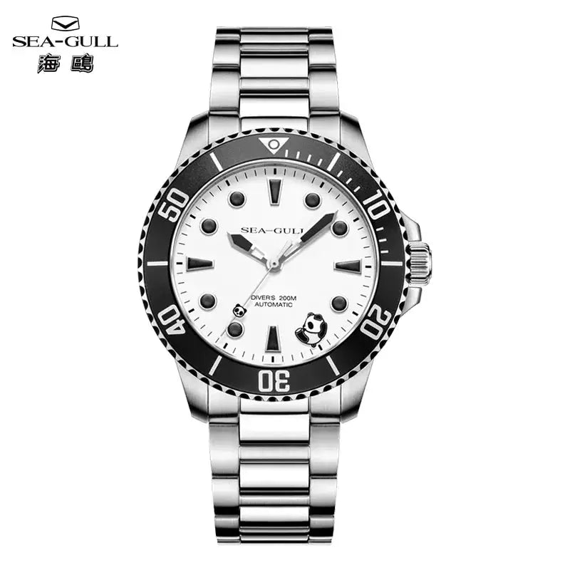 Sea-Gull diver watch with stainless steel bracelet, white dial, black bezel, panda motif, 200m automatic