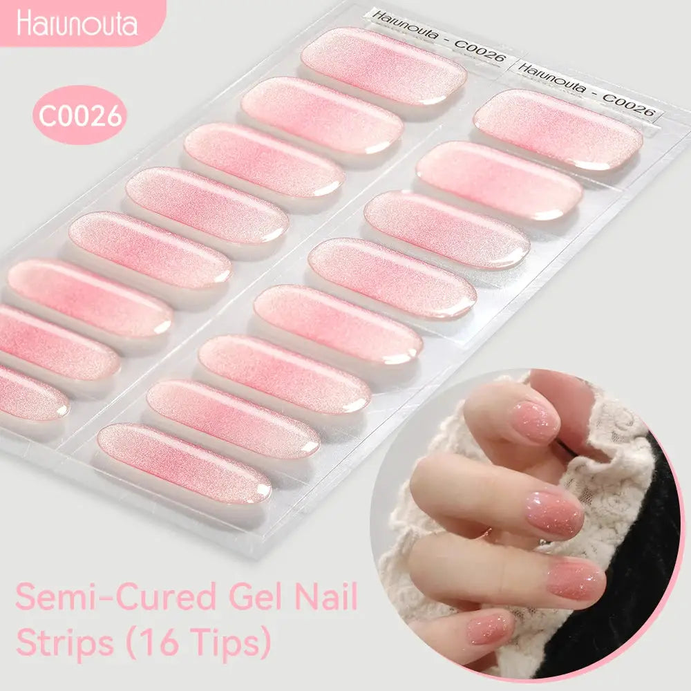Gel nail strips set with gradient pink glitter, 16 semi-cured tips by Simples Market; Harunouta packaging visible