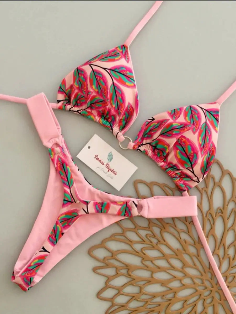 Micro bikini set by Simples Market, pink leaf print halter top with thong bottom.