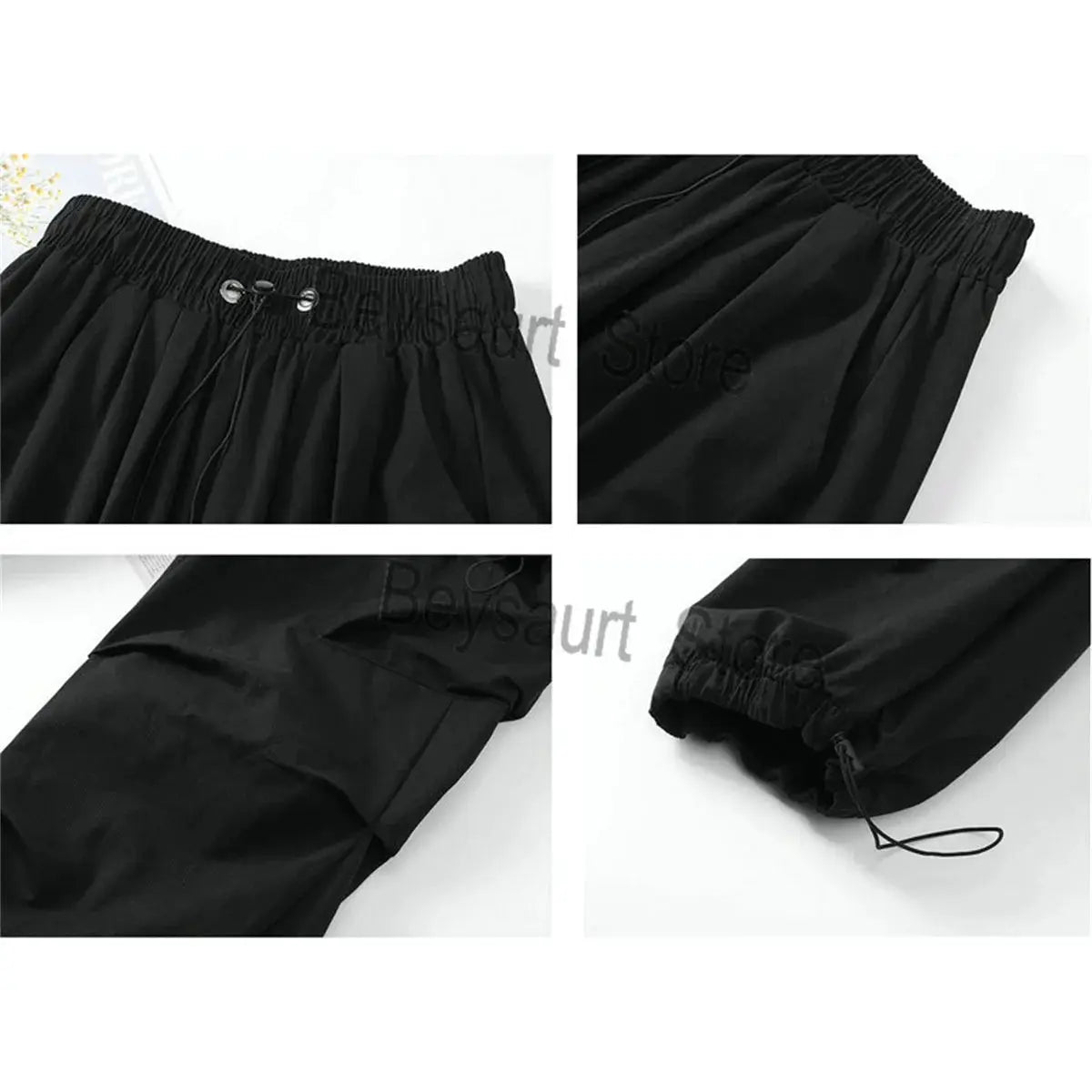 Streetwear cargo pants, black, elastic waist with drawstring, multiple pockets, baggy fit; Simples Market for women