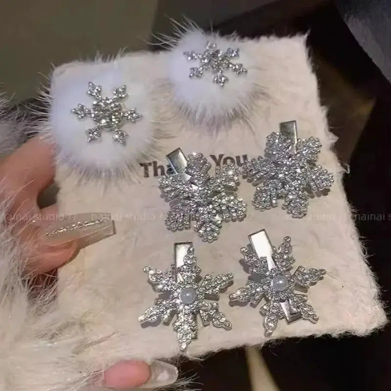 AuroraGlow Plush Fur Snowflake Hair Clips 2 Pack For Women Sparkling Rhinestone Accents Festive Hair Accessories
